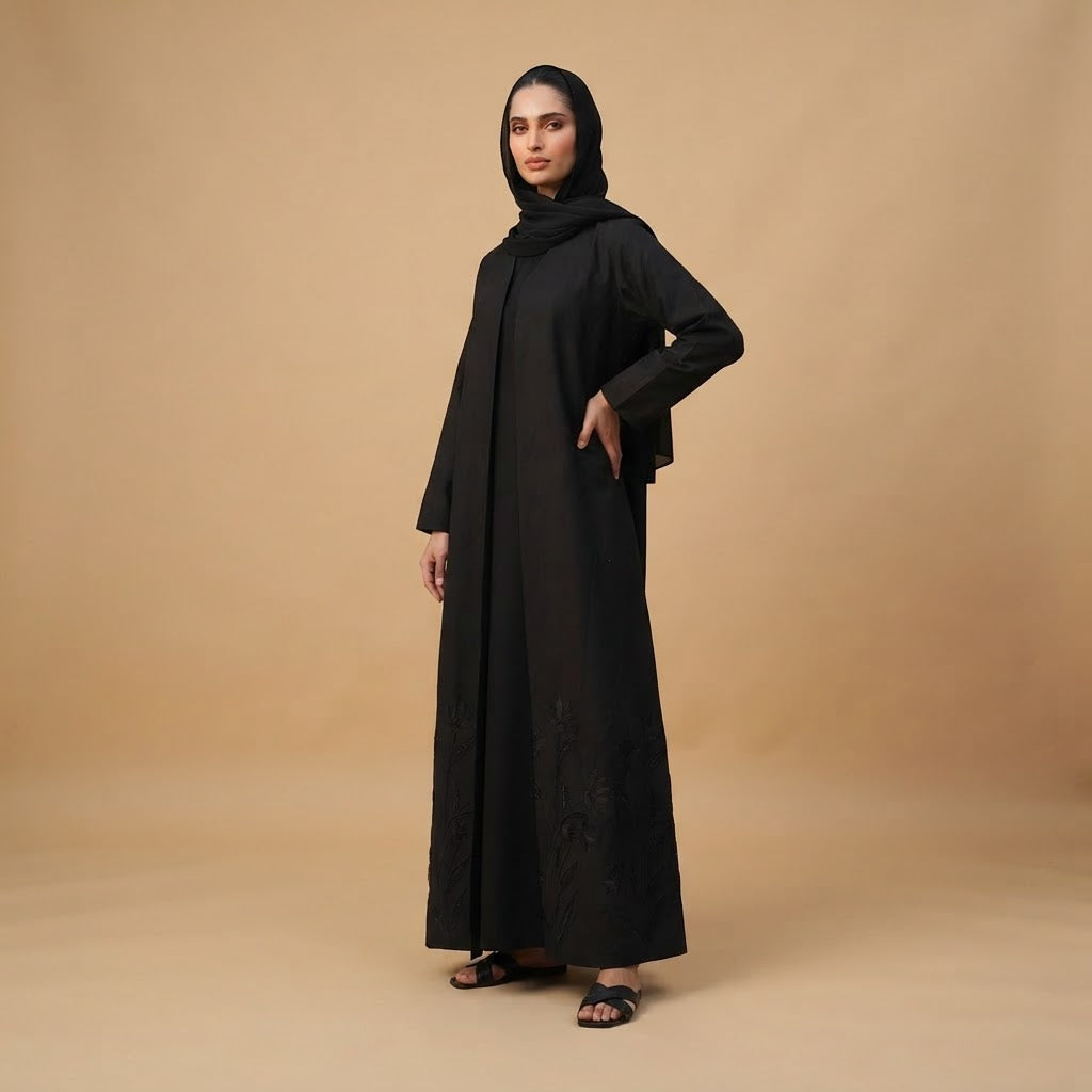 Women's Black Long-Sleeved Embroidered Maxi Abaya Robe