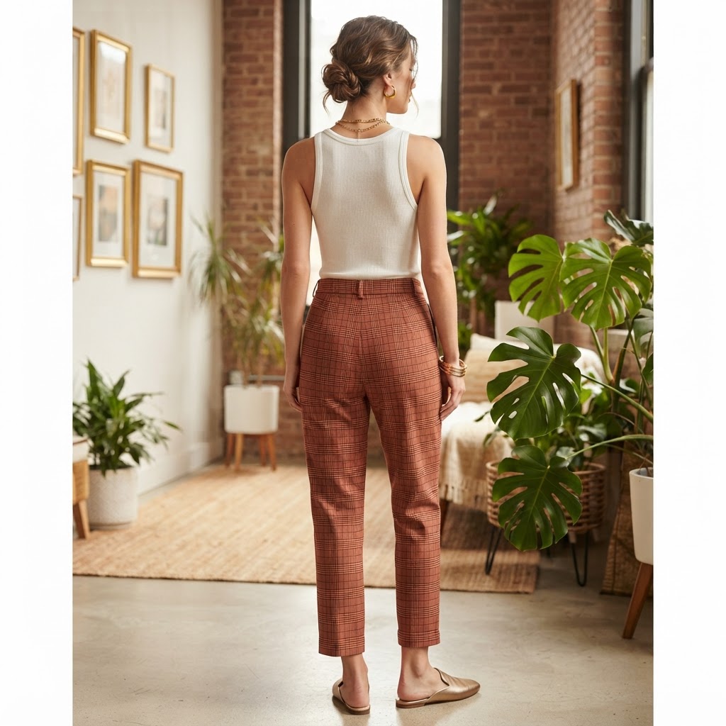 SHEIN Women's Rust Plaid High Waisted Button Fly Trousers