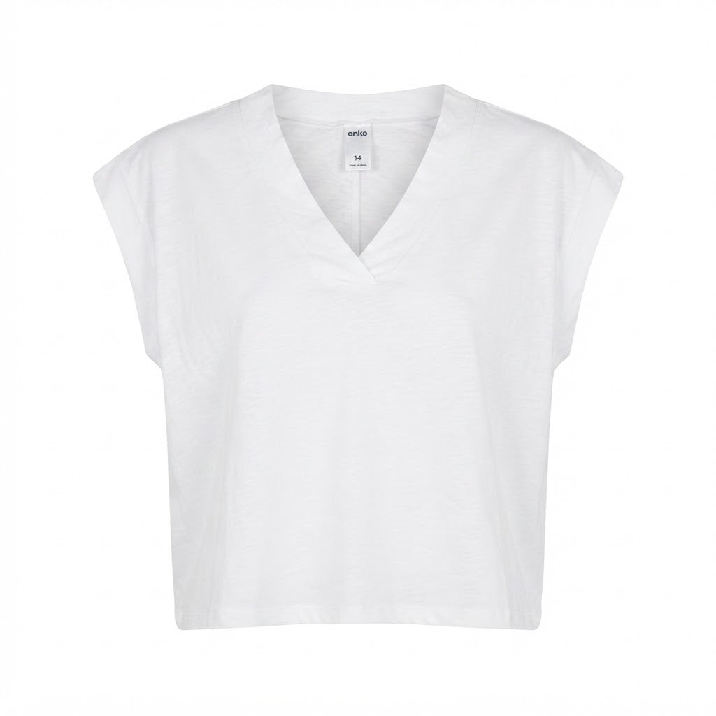 anko White Boxy Cap Sleeve V-Neck Cropped Top
