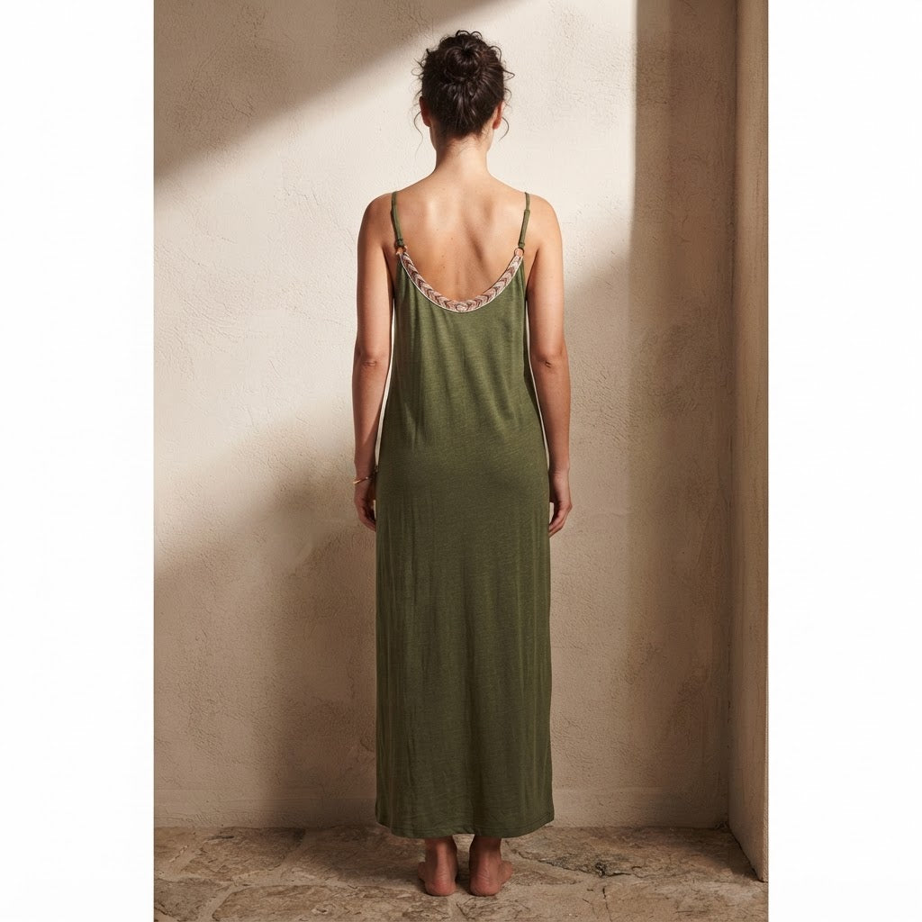 EMERY ROSE Olive Green Maxi Cami Dress with Chevron Trim