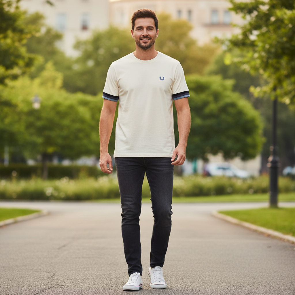Fred Perry Men's Off-White Pique T-Shirt with Striped Cuffs