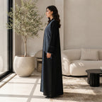 Black Open-Front Bisht Robe with Blue Jacquard Panels