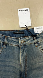 BERSHKA Mid-Blue High-Rise Long Flare Jeans with Raw Hem