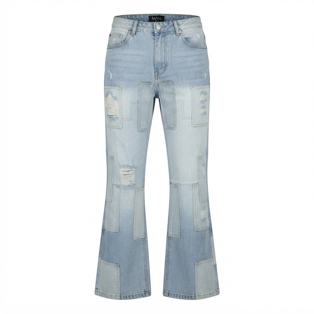BoohooMAN Light Blue Patchwork Distressed Straight Flare Jea