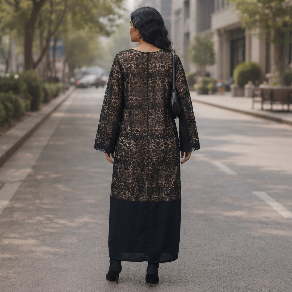 guess Black Guipure Lace Long-Sleeve Ankle Dress with Nude T