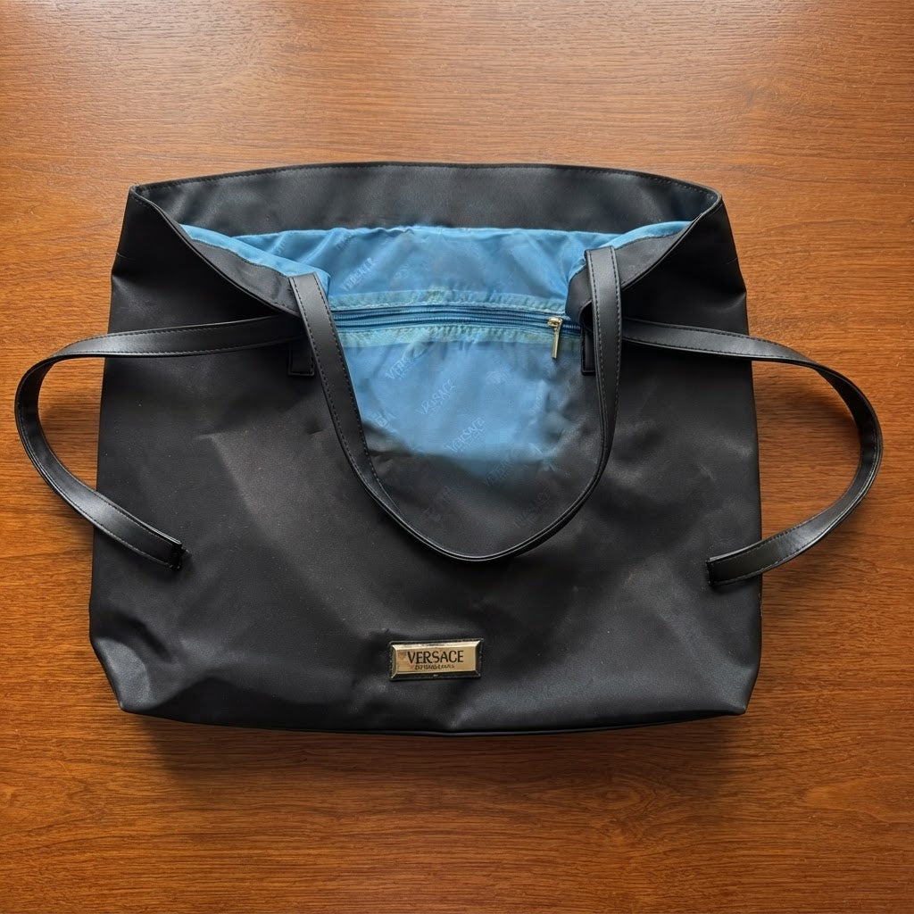 VERSACE parfums Large Black Nylon Shoulder Tote with Gold Pl