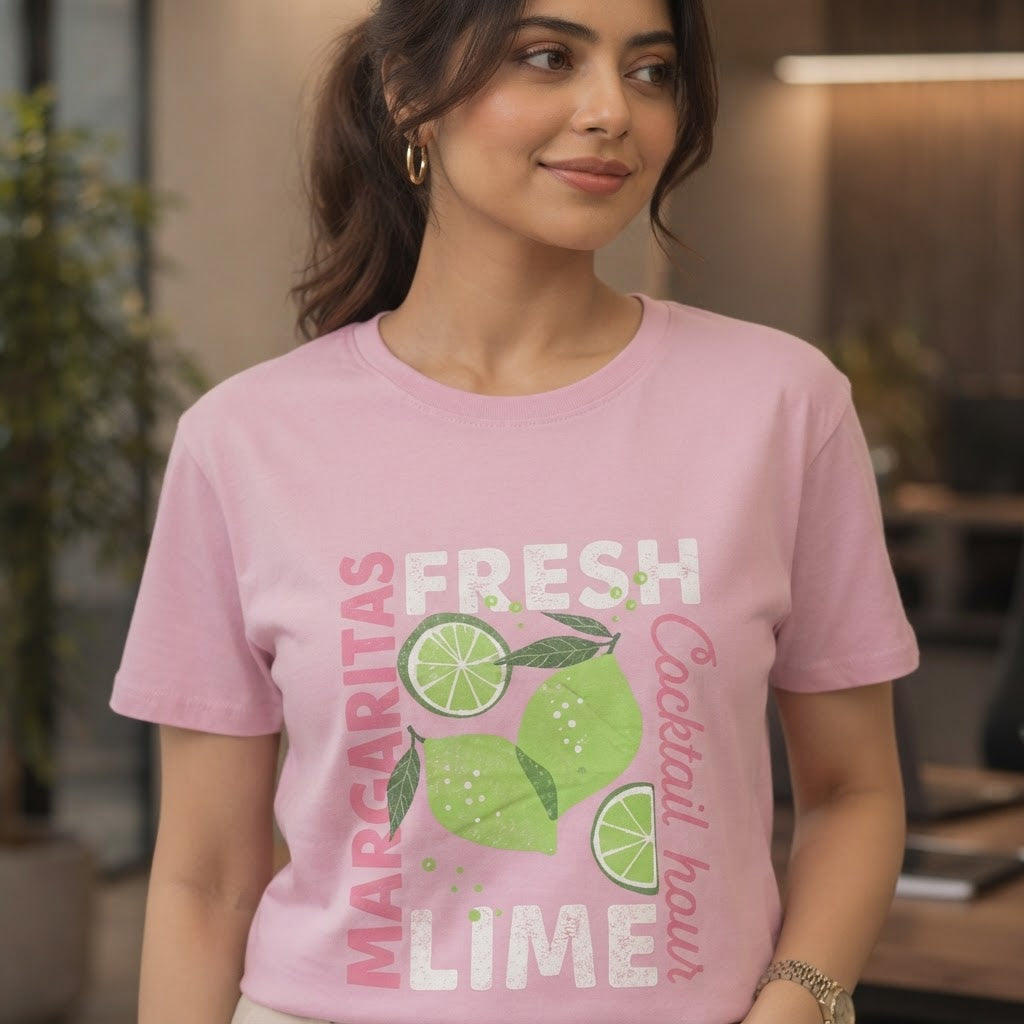 DECJUBA Baby Pink Graphic T-Shirt with Margarita Slogan