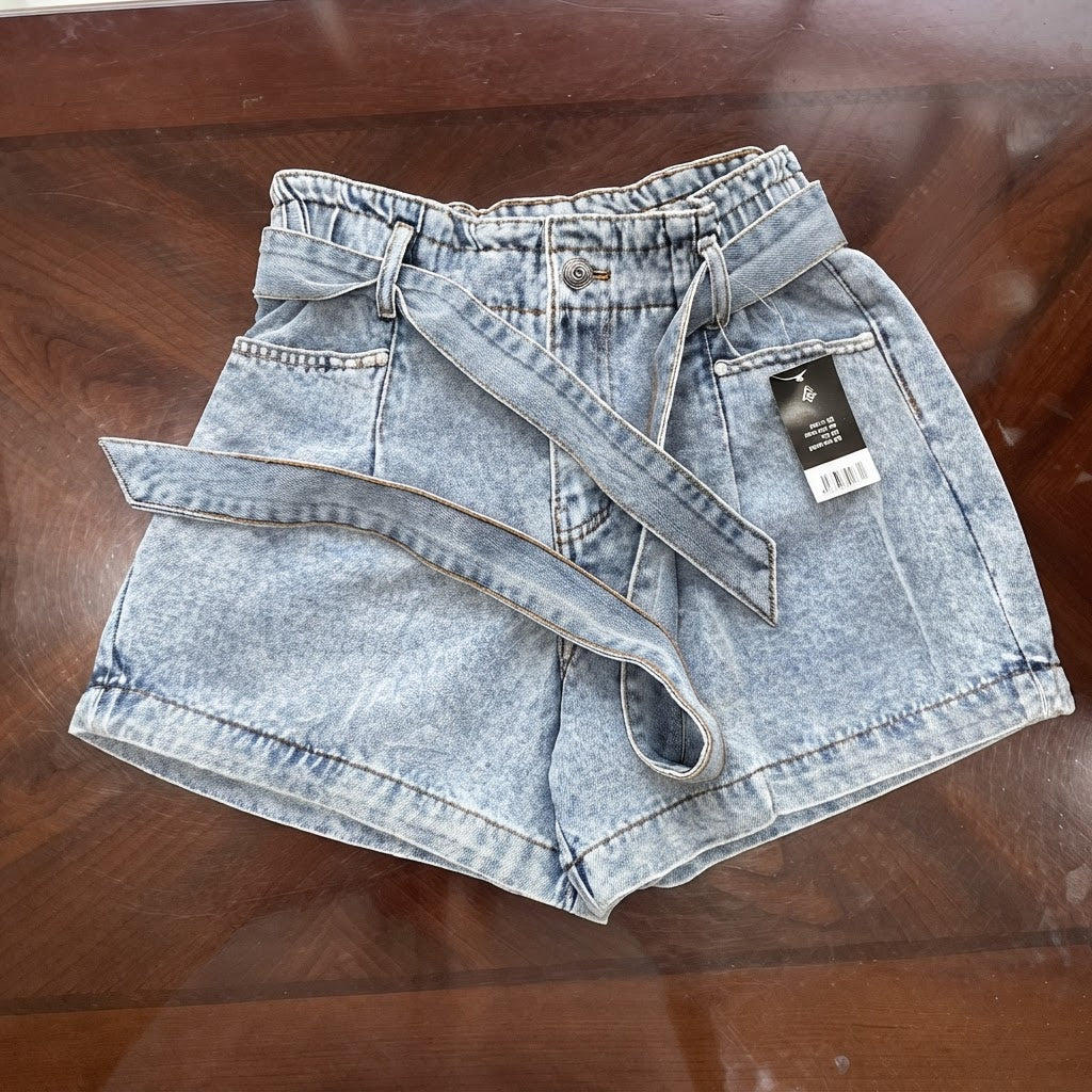Light Blue High-Waisted Paperbag Denim Shorts with Belt