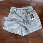 Light Blue High-Waisted Paperbag Denim Shorts with Belt