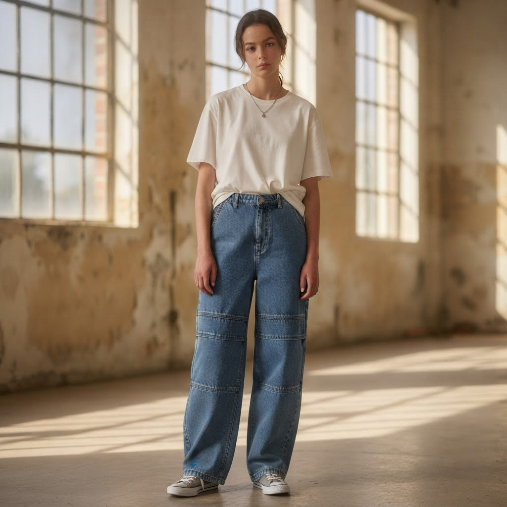 Rfâ Mid Blue Stonewash Skater Fit Wide Leg Panelled Jeans