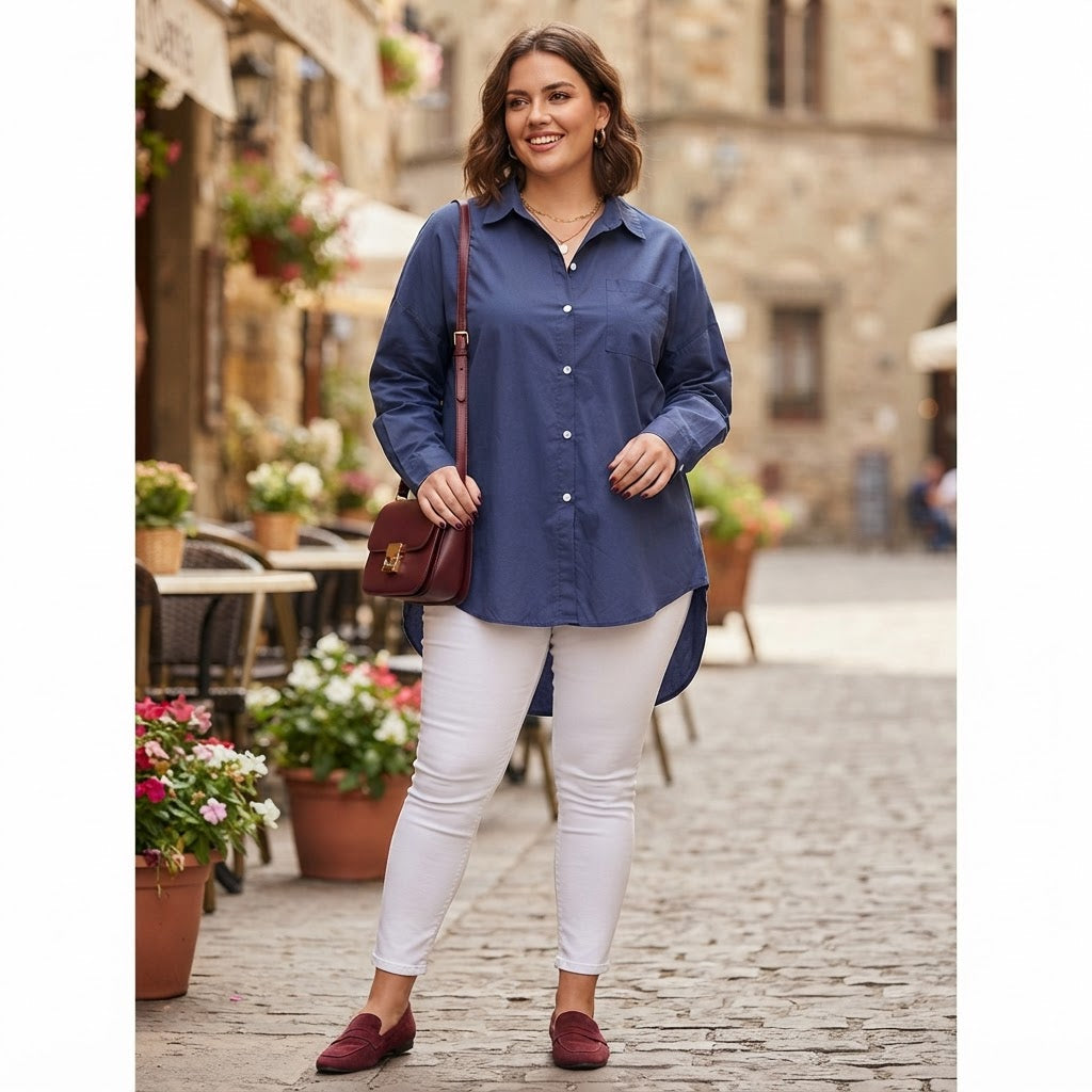 Women's Navy navy Oversized Linen Blend Button-Down Shirt