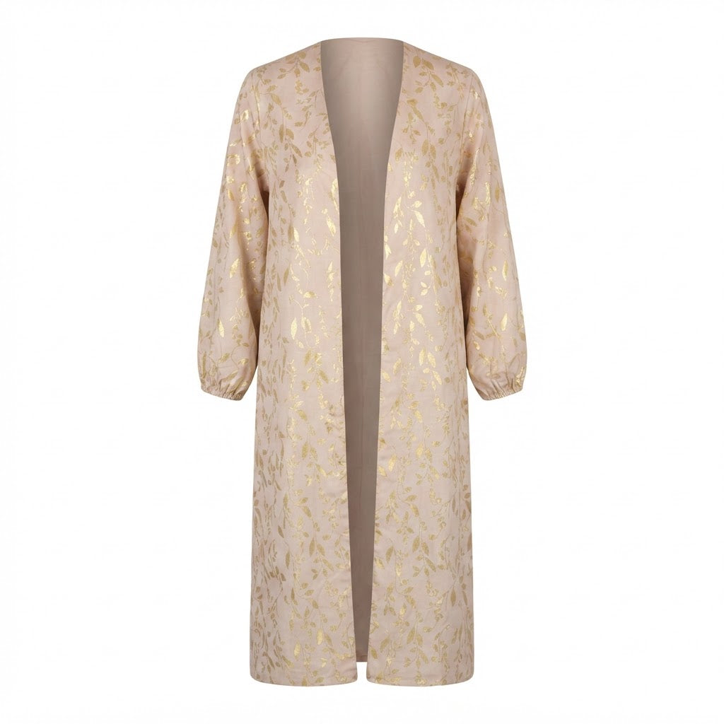 Women's Cream Long-Sleeved cream Floral Open-Front Dress