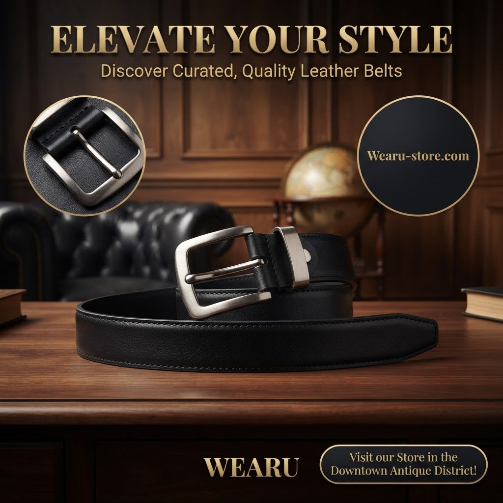 Men's Black Leather Belt with Industrial Metal Hardware
