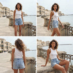 Light Wash Distressed Denim Shorts with Frayed Hem