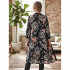 EVANS Women's Black Floral Longline Open-Front Kimono Abaya Jacket