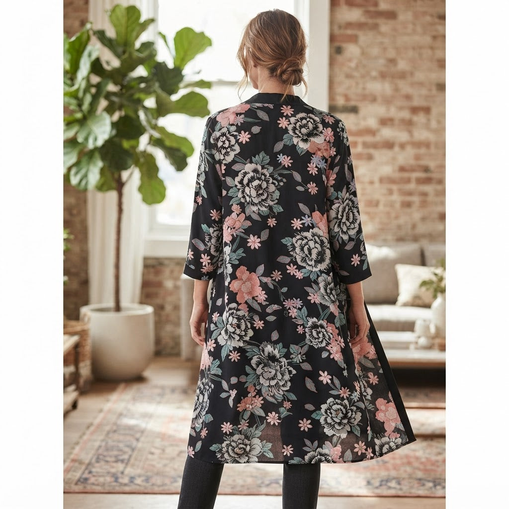EVANS Women's Black Floral Longline Open-Front Kimono Abaya Jacket