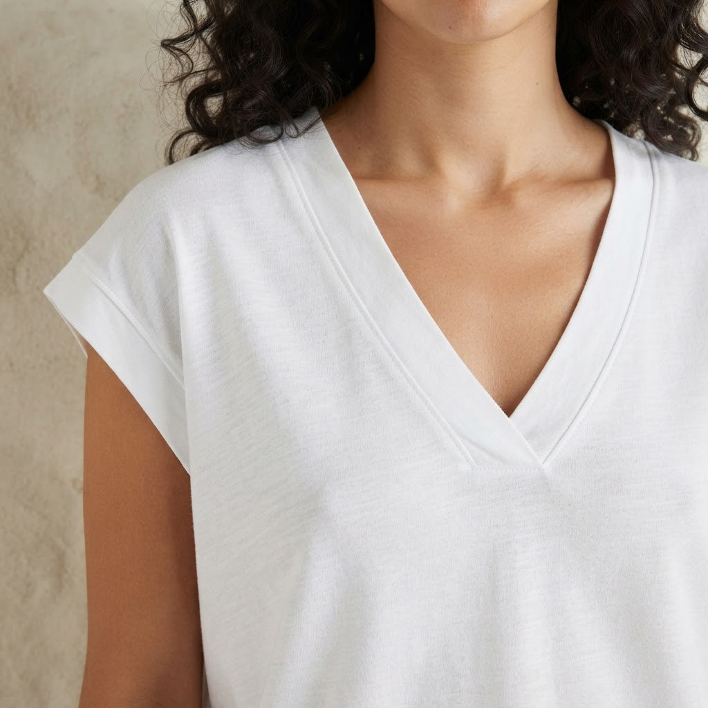 anko White Relaxed Boxy V-Neck Cap-Sleeve Cotton Top