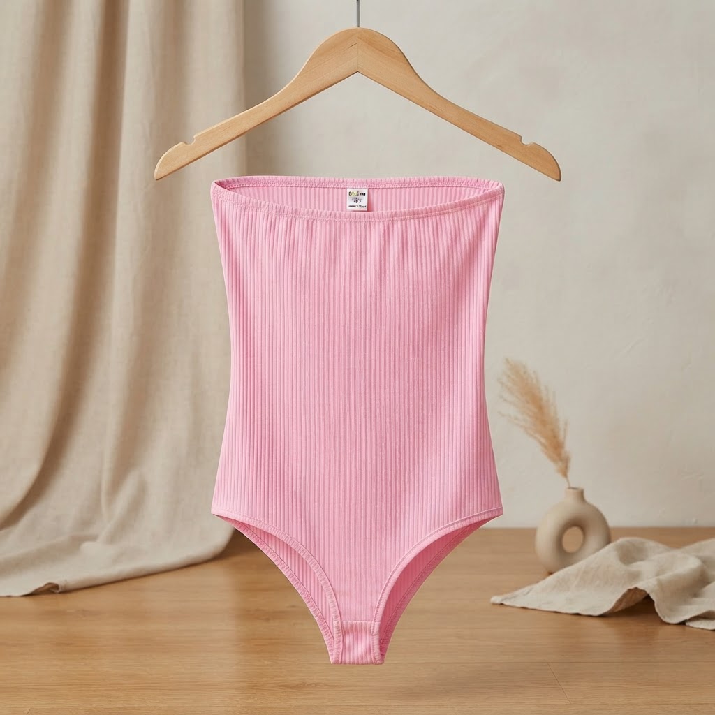 SHEIN Pink Ribbed Strapless Snap-Crotch Bodysuit