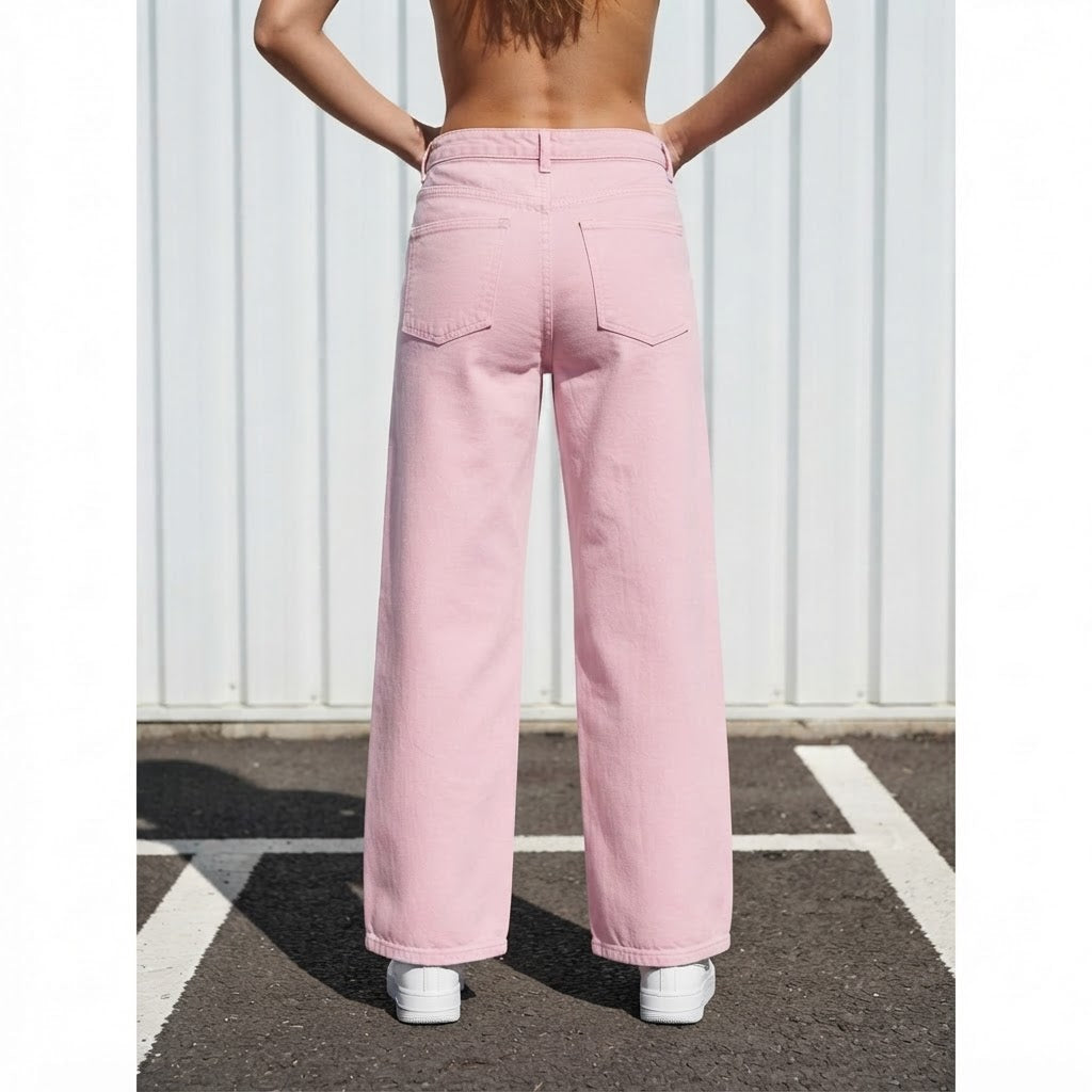 PrettyLittleThing Baby Pink Wide Leg Denim Jeans - Contempor