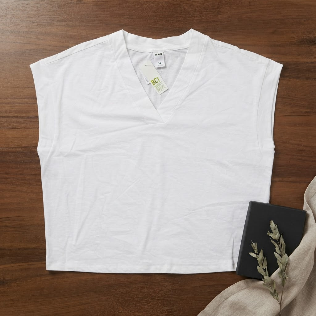 anko White Relaxed Boxy V-Neck Cap-Sleeve Cotton Top
