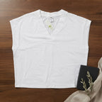 anko White Relaxed Boxy V-Neck Cap-Sleeve Cotton Top