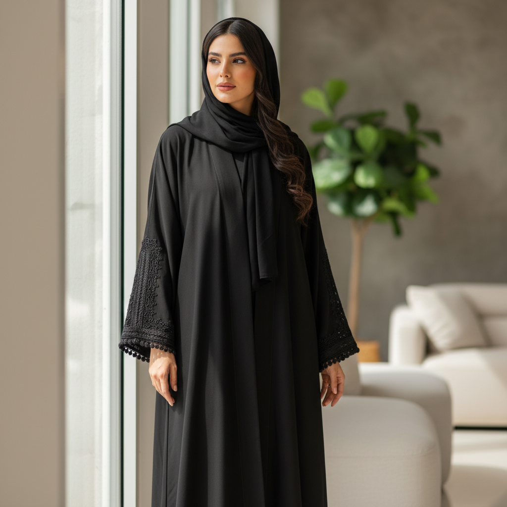 Elegant Black Embroidered Open Front Abaya