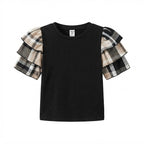 SHEIN SHEIN Navy Black Ribbed Top with Plaid Ruffle Sleeves