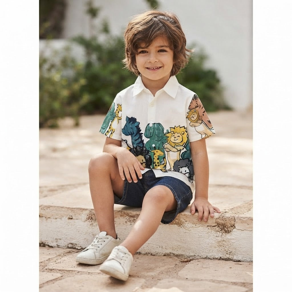 SHEIN White Short-Sleeve Safari Animal Print Kids Shirt
