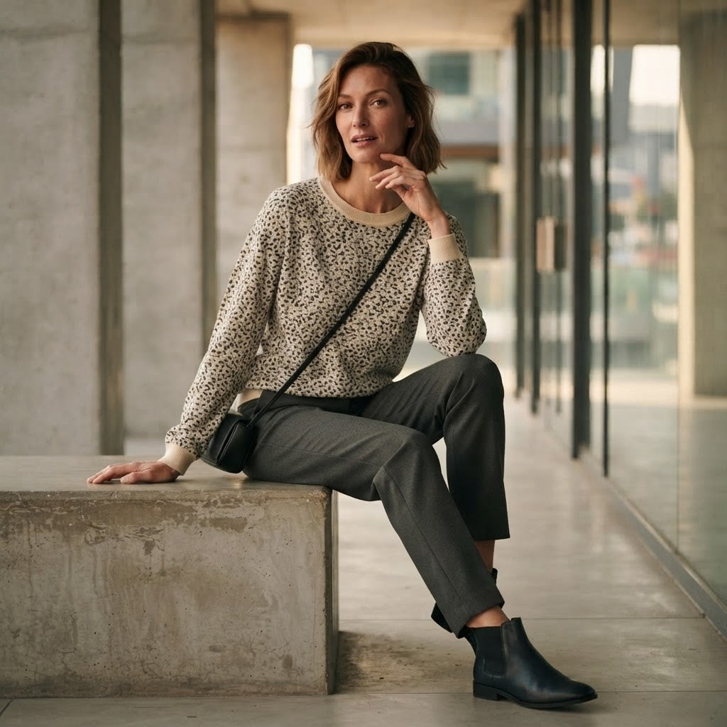 [WearU Generated:campaign_2] Brilliant Basics Cream Leopard Knit Cotton Long-Sleeve Top – detail view
