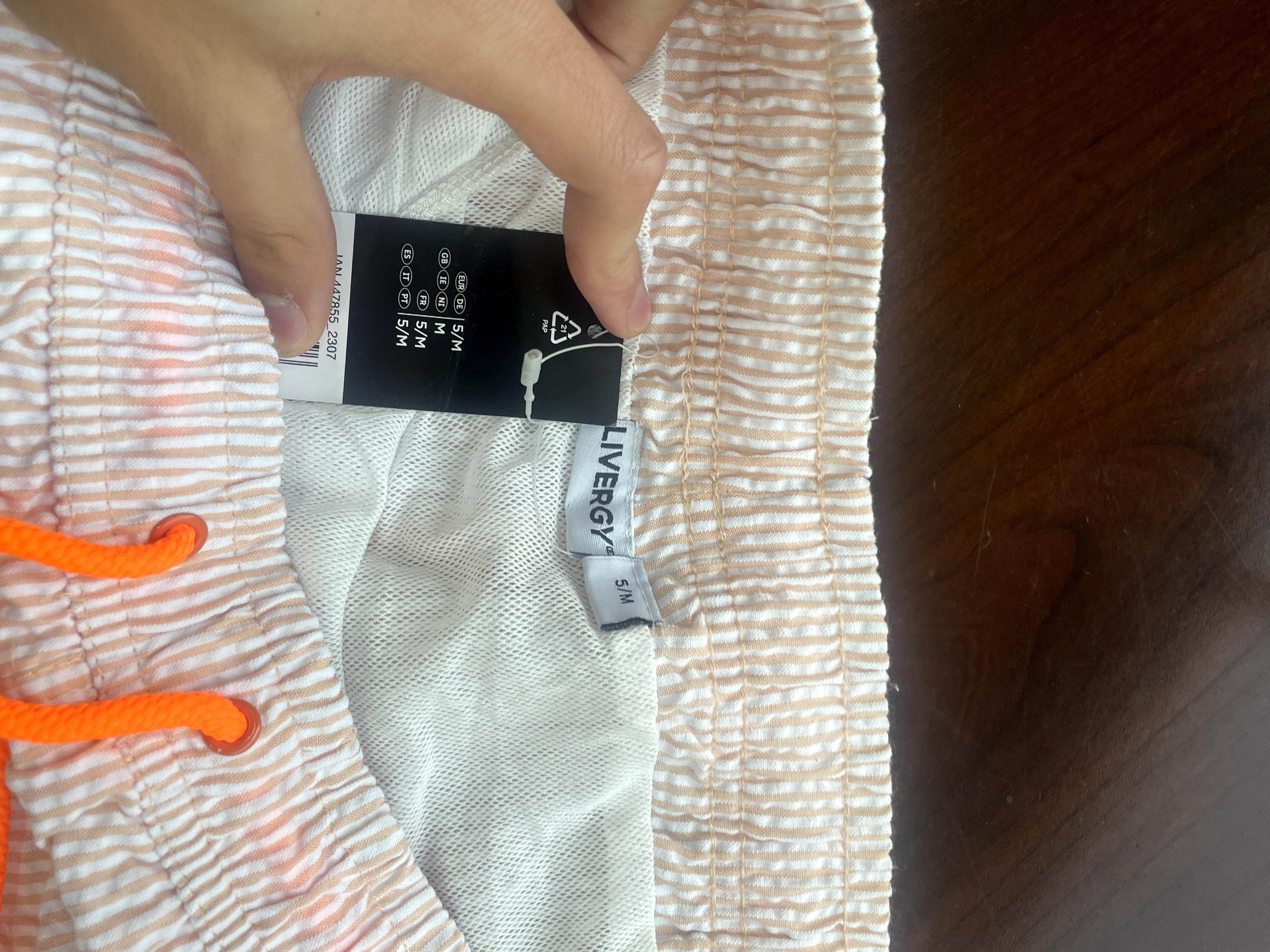 Men's Peach Seersucker Striped Shorts with Orange Drawstring