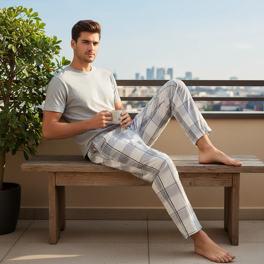 Men's Livergy Plaid Checkered Pajama Lounge Pants - Grey