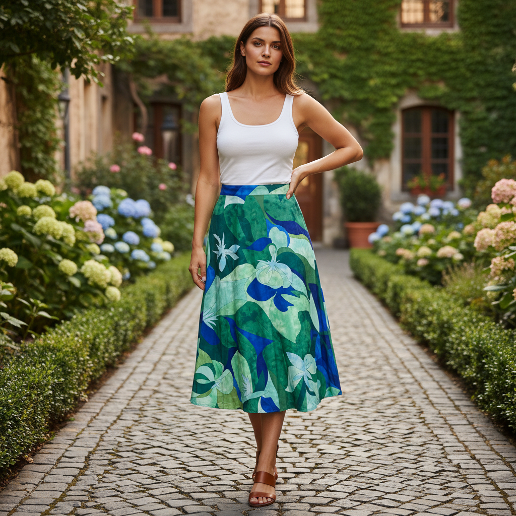 SHEIN Women's Green and Blue Tropical Floral A-Line Midi Ski