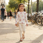 SHEIN White & Pink Heart Print Long-Sleeve Lettuce-Edge Top