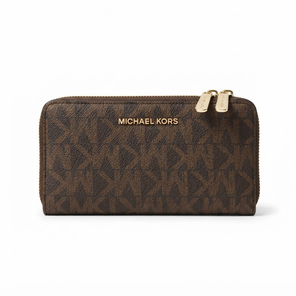[WearU Generated:merch_ghost] Michael Kors Dark Brown Monogram Rectangular Zip-Around Wallet – ghost front view
