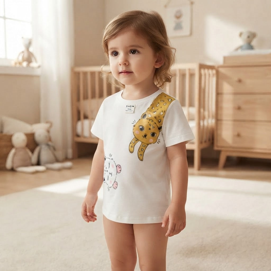 SHEIN White Short-Sleeve Kawaii Animal Graphic T-Shirt