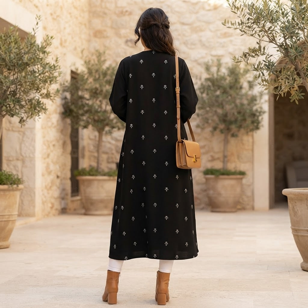 Women's Black Embroidered Modest Longline Abaya Robe