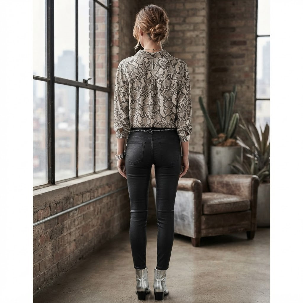 H&M Women's Grey Snakeskin Print Button-Down Blouse