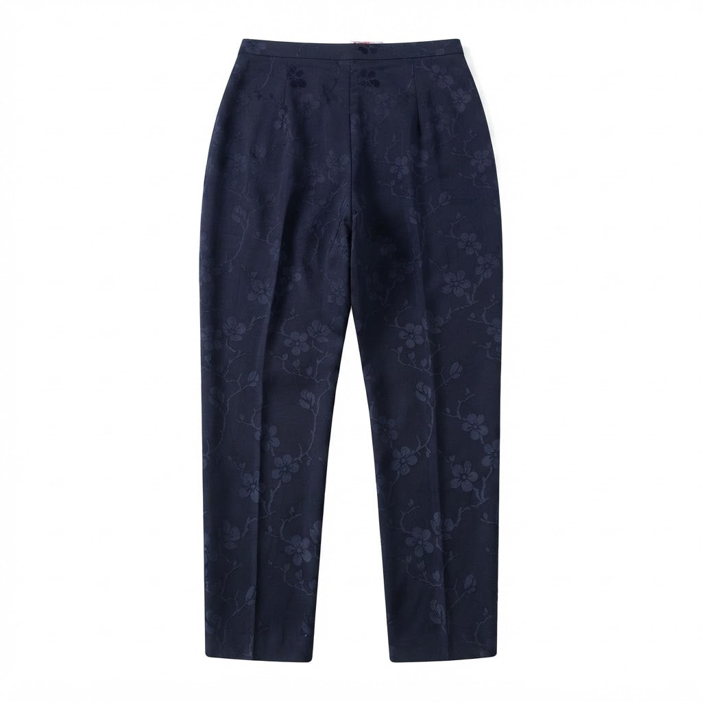 Women's Navy Floral Jacquard High-Waist Tailonavy blue Trousers