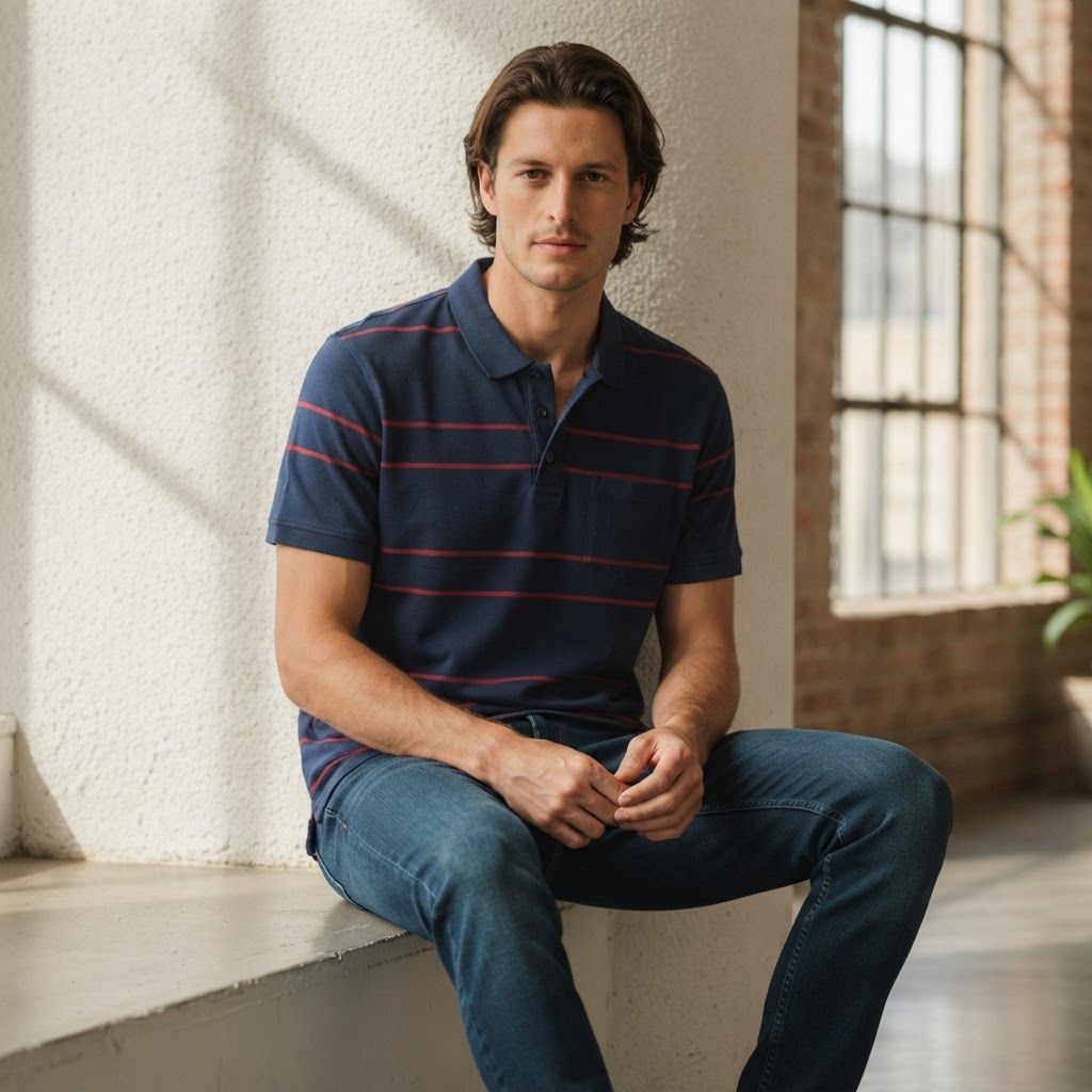ANKO Navy Blue and Red Striped Men's Polo Shirt with Pocket