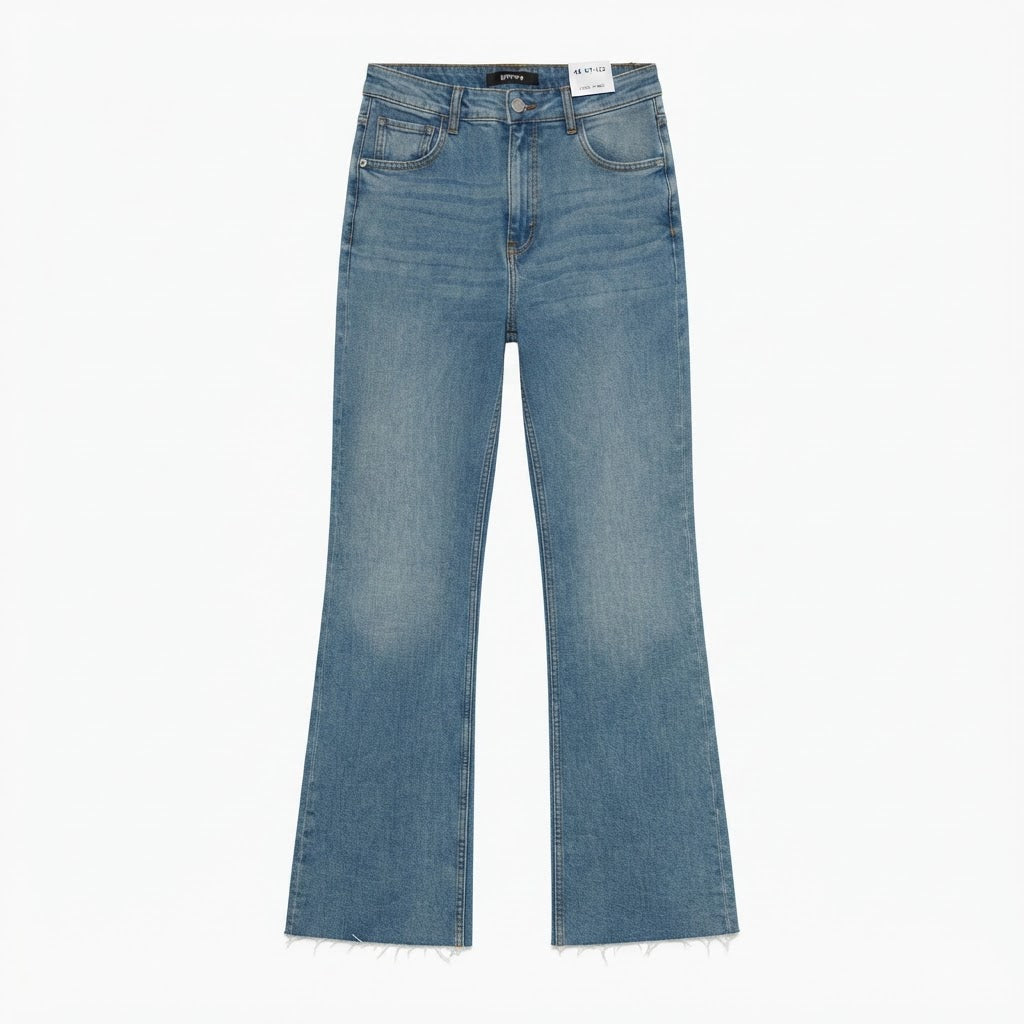 Bershka Bershka Mid-Washed Blue Long Flare Jeans with Raw He