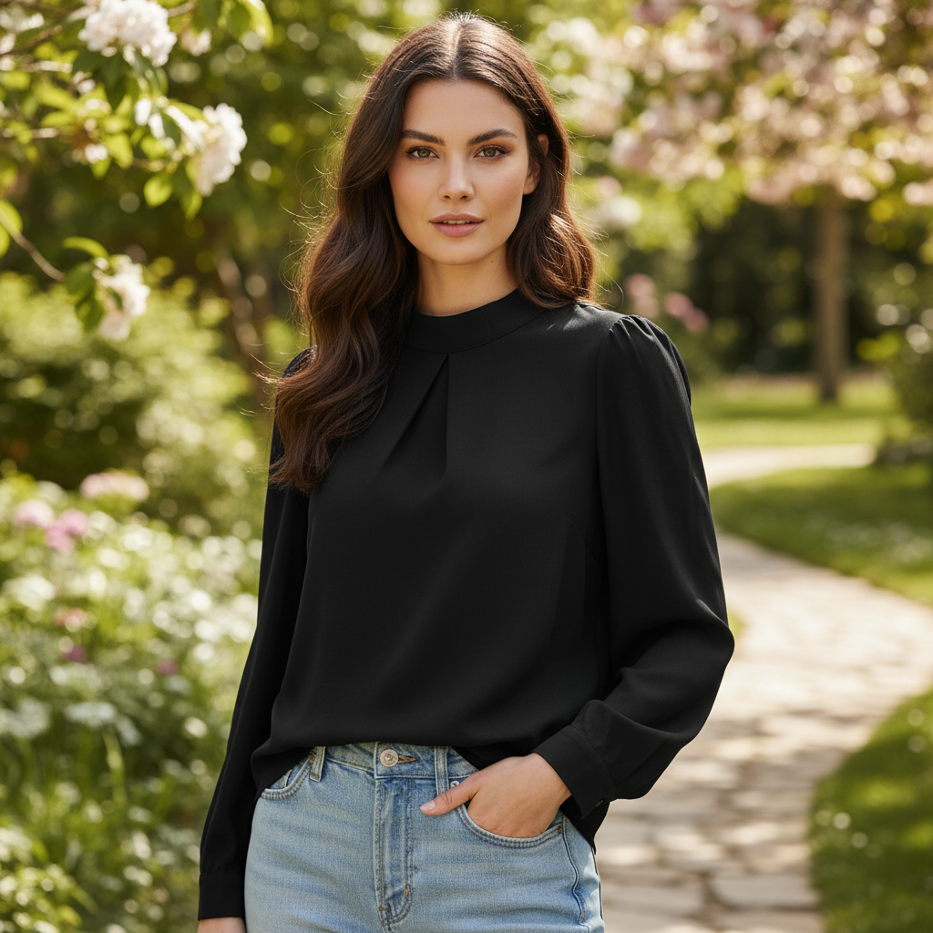SHEIN Women's Black Mock Neck Long Sleeve Blouse