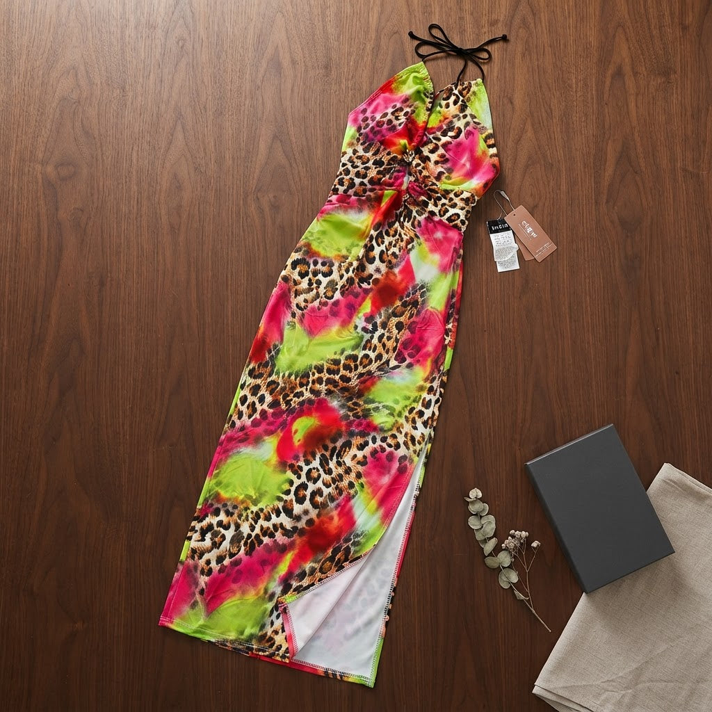 SHEIN SHEIN Multi-Colour Leopard Print Ruched Halter Maxi Dr