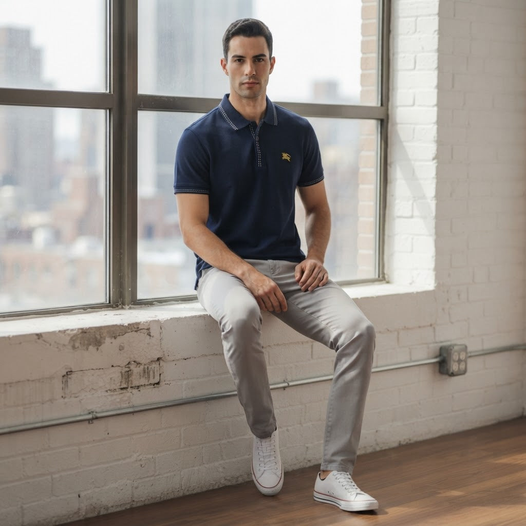 Burberry Navy Blue Tipped Cotton Polo Shirt with Gold Embroi