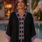 Black Abaya with Lavender Geometric Tribal Embroidery