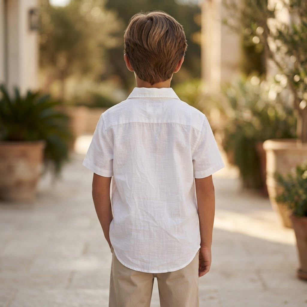 SHEIN Boys White Short Sleeve Linen Blend Button Down Shirt