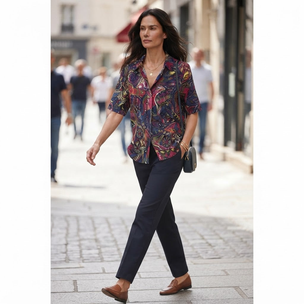 SHEIN Navy Multicolour Abstract Print Relaxed Rayon Blouse