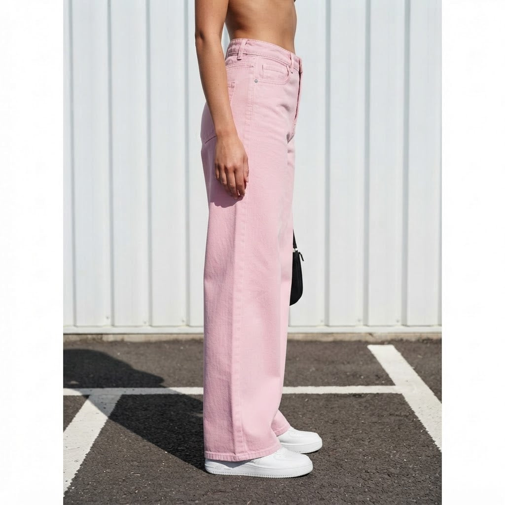 PrettyLittleThing Baby Pink Wide Leg Denim Jeans - Contempor