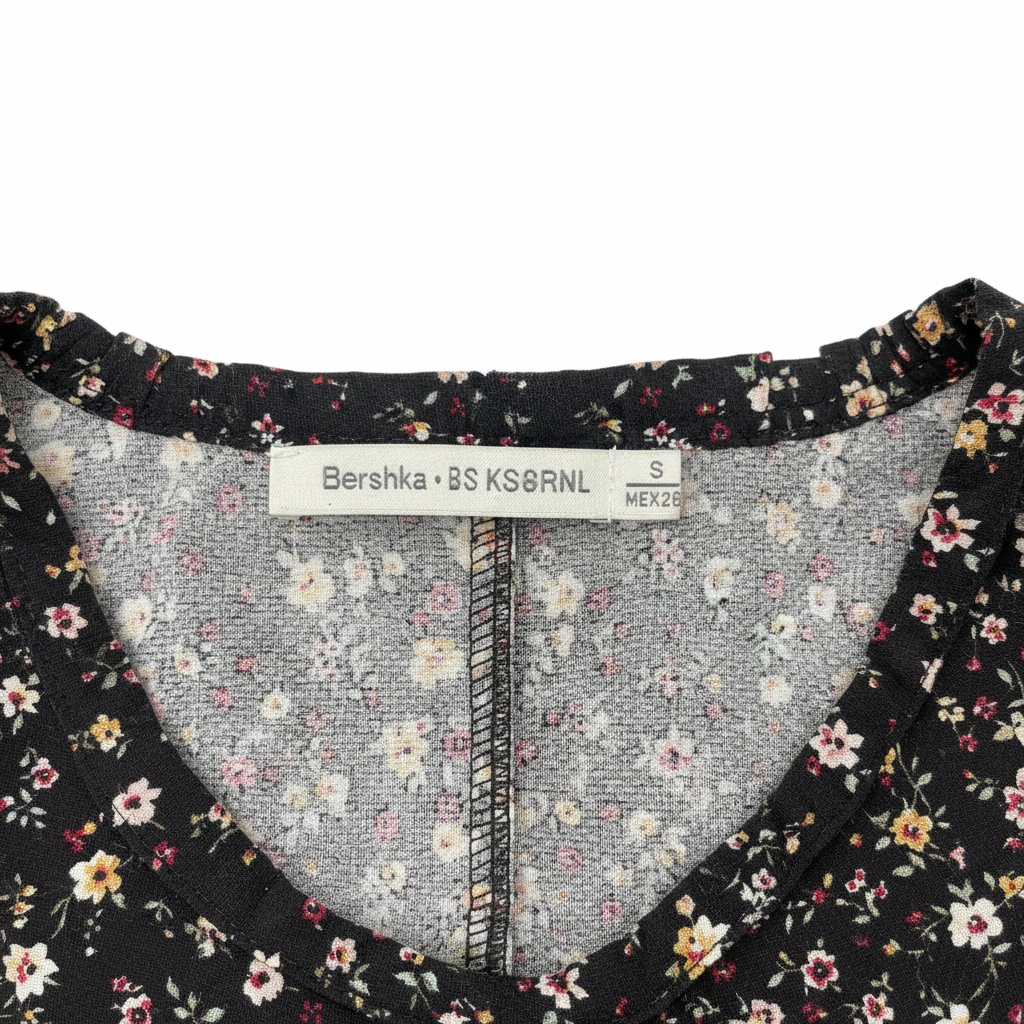 Bershka BSK Girl Black Floral Ruffle Neck Long Sleeve Top