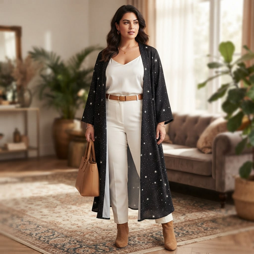 Women's Black Star Print Long Kimono Abaya Jacket