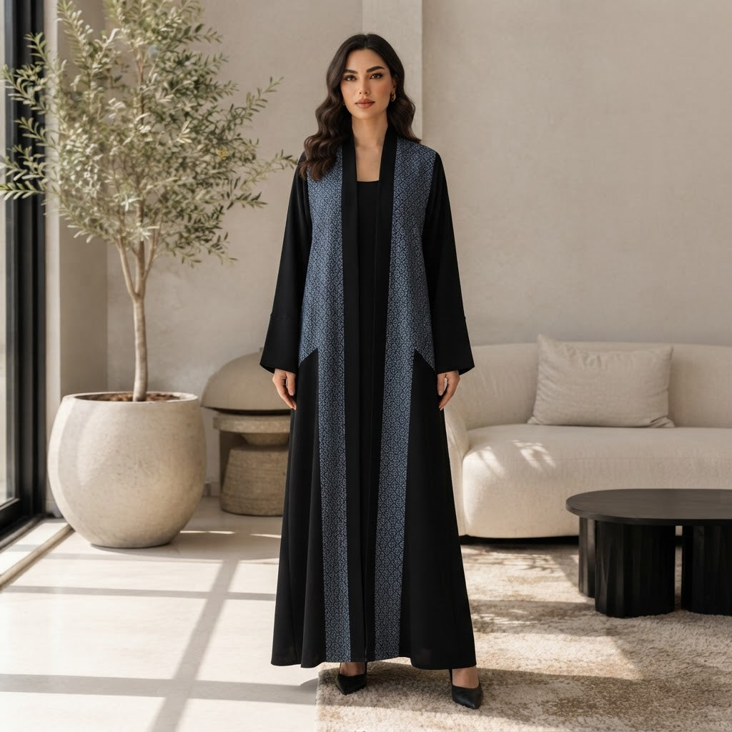 Black Open-Front Bisht Robe with Blue Jacquard Panels